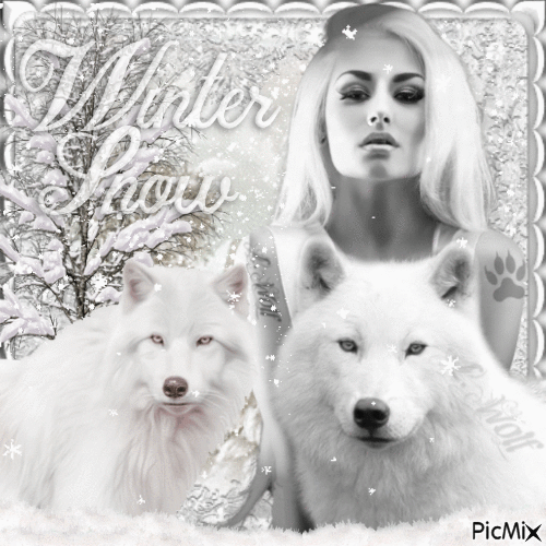 Woman and wolf in winter - All in white - 免费动画 GIF