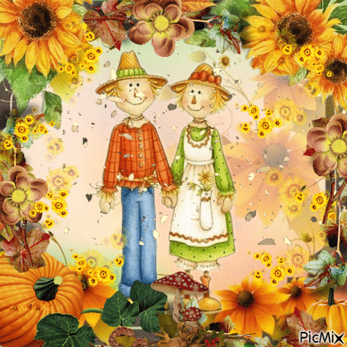 Autumn-fall-scarecrows-sunflowers-pumpkin - GIF animé gratuit