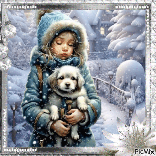 Niño en invierno con su perro. - 無料のアニメーション GIF