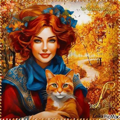 Autumn Glow. Hello Fall. Woman, cat - GIF animado grátis