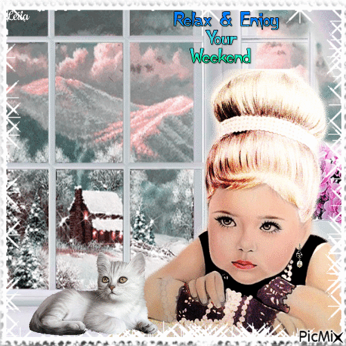 Relax and enjoy your Weekend. Winter. Cat. Girl - Zdarma animovaný GIF