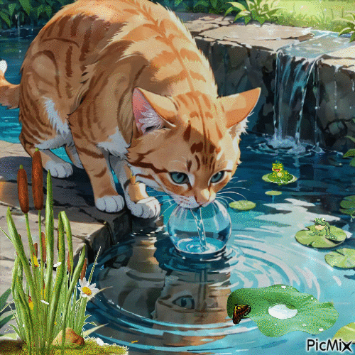 Die Katze am teich - GIF animado gratis