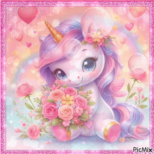 Il piccolo unicorno con le rose - Free animated GIF