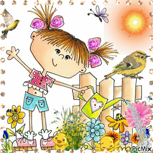 A LITTLE GIRL AT THE FENCE WATERING HER FLOWERS, DRAGONFLIES, AND BIRDS FLYING AROUND, FLOWERS SPARKLING. - GIF animado gratis