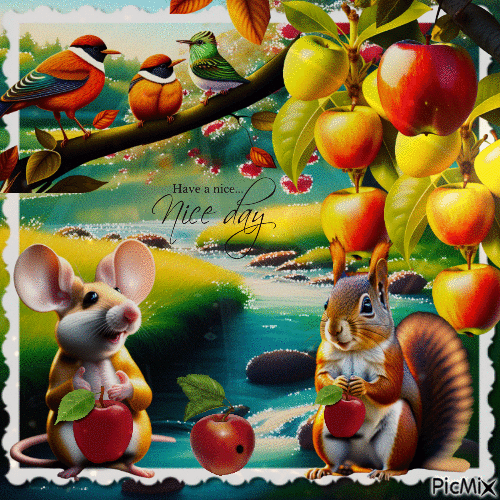 Herbst, Äpfel, Vögel, Mäuse und Eichhörnchen - Free animated GIF