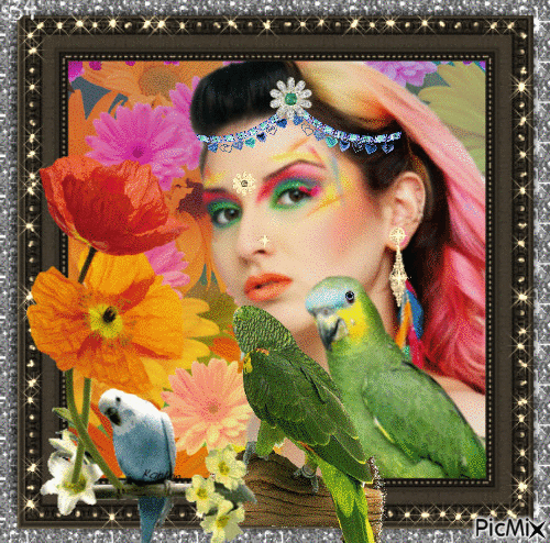 Girl with Parrots - Free animated GIF