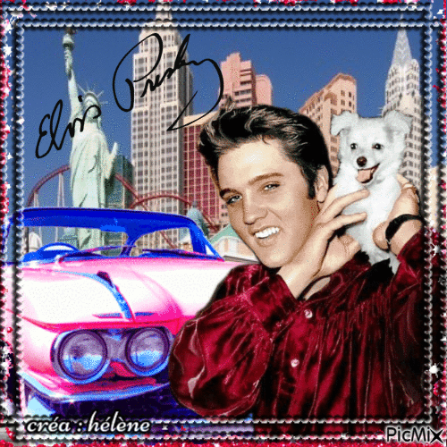 Elvis et sa Cadillac rose - GIF animé gratuit