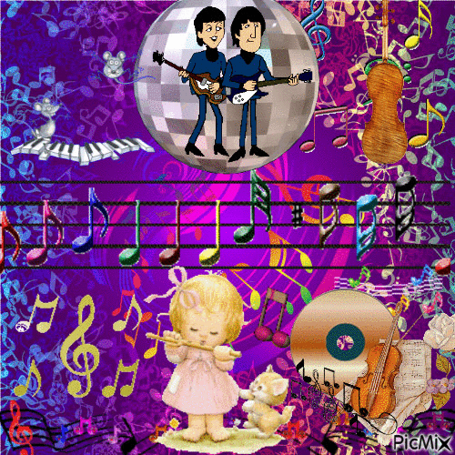 LOTS OF COLORED MUSIC SYMBOLS, PURPLE BACKGROUND, GIRL PLAYING FLUTE. BEATLES SINGING, MICE PLAYING PIANO, GUITAR SPINNING., AND RECORD ALBUM. - GIF animasi gratis