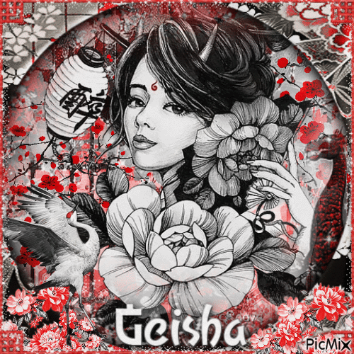 Geisha in black, white and red - Animovaný GIF zadarmo