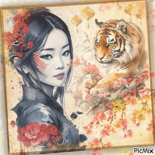 Fantaisie asiatique avec un tigre. - GIF animé gratuit