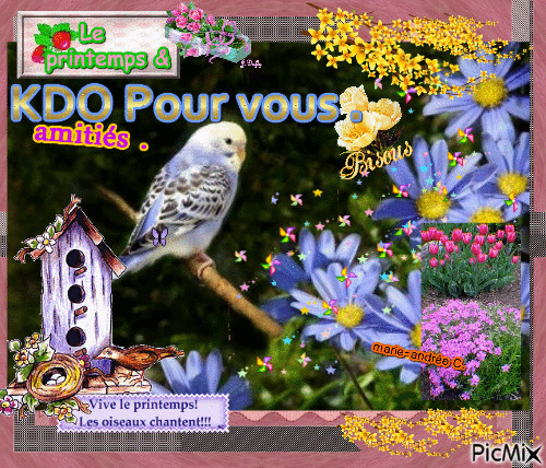 Fleurs , Oiseaux § Le printemps - Kdo . Amitiés - Free animated GIF