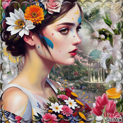 Portrait de femme avec des Fleurs - Бесплатный анимированный гифка