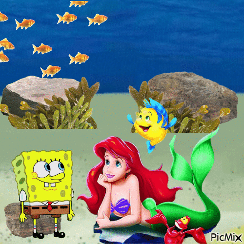 Spongebob with Ariel, Sebastian and Flounder - Free animated GIF