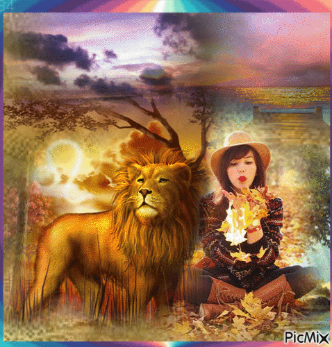 la femme et le lion - GIF animado grátis