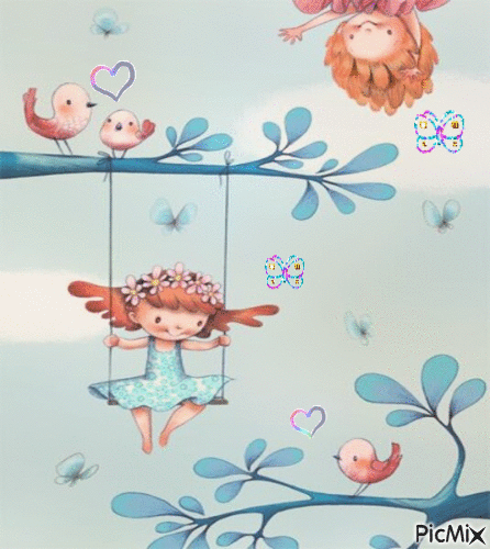 fillettes et oiseaux - Free animated GIF