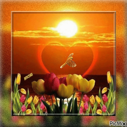 coeur avec oiseau et tulipes - Besplatni animirani GIF