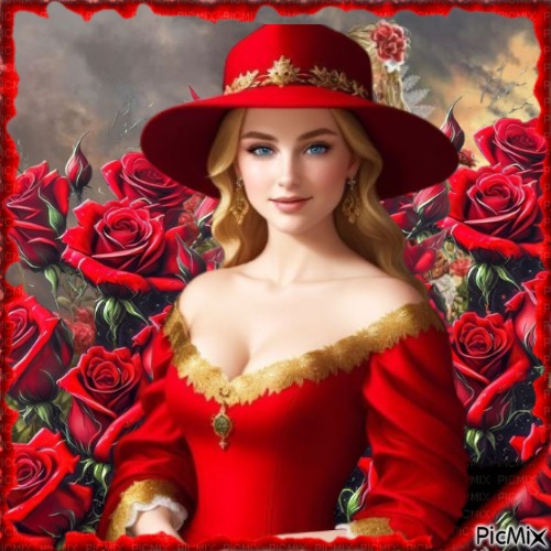 Fille blonde en rouge avec des roses rouges. - ücretsiz png