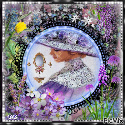 A Young Vintage Lady Surrounded by Flowers.. - GIF animado grátis