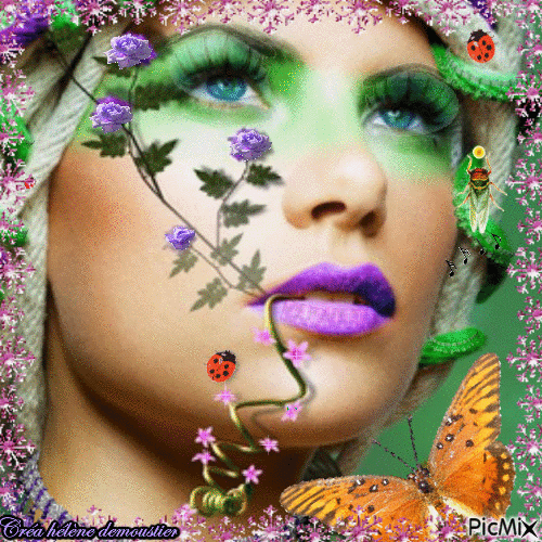 HD femme vert et violet avec insectes - Gratis geanimeerde GIF