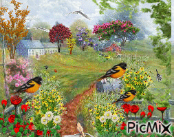 FARM HOUSE WITH ORANGE, RED, PURPLE, AND GREEN SWAYING LIMBS, A BIRD ON AN OLD MAILBOX AND BIRDS ON A WOODEN FENCE, RED, YELLOW, AND PINK MOVING FLOWERS, CAT CHASING A BIRD 3 YELLOW BIRDS ON FENCE, AND2 FLYING BIRDS - Gratis geanimeerde GIF