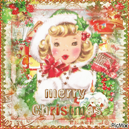 Christmas card vintage children girl - Ilmainen animoitu GIF