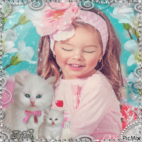 the little girl and the little kittens - Gratis animerad GIF