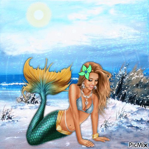 Mermaid Chelsea on sparkling beach - Free animated GIF