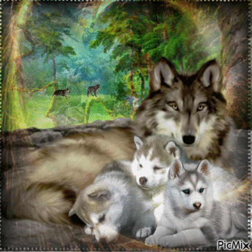 dans la forêt une famille loup - Besplatni animirani GIF