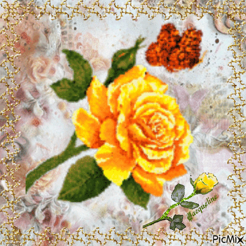 rose jaune et papillon - Безплатен анимиран GIF