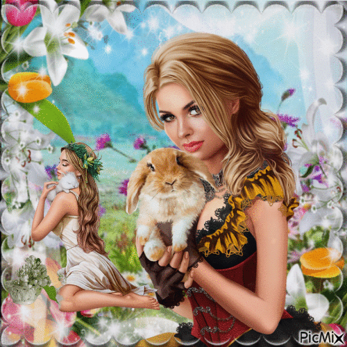 Femme avec un lapin au printemps - GIF animé gratuit