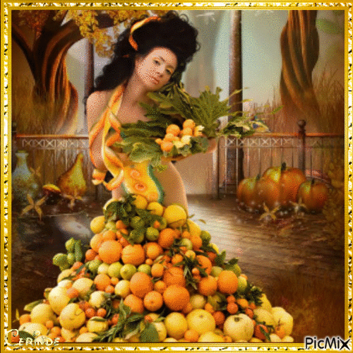 Lady with fruit & pumpkins - GIF animé gratuit