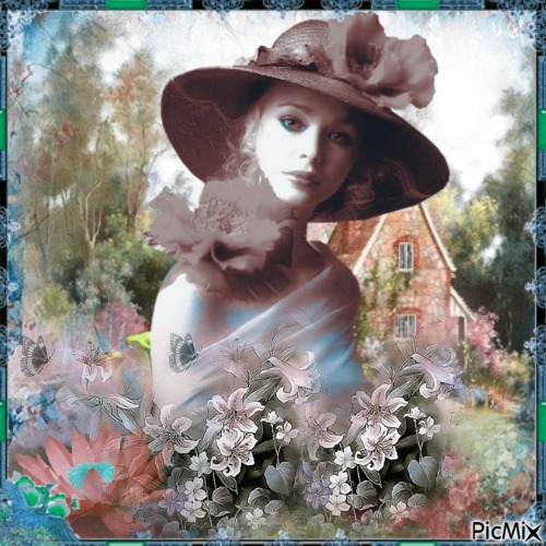 Vintage woman in a lily field - ücretsiz png