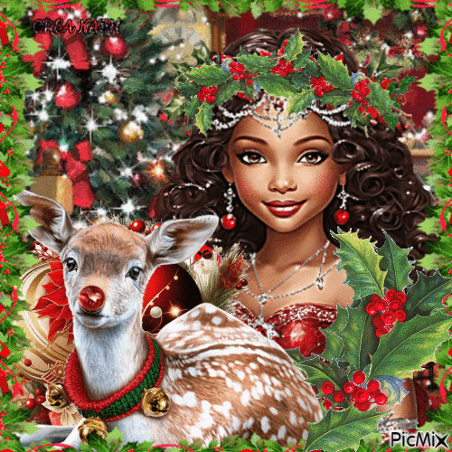 Fillette , une couronne de houx et animal d'hiver / concours - Darmowy animowany GIF