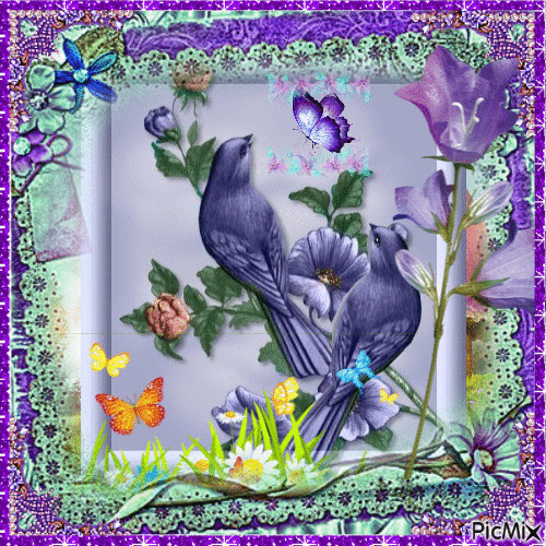 Portrait Spring Flowers Birds Butterflies Glitter - Бесплатный анимированный гифка