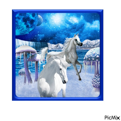 Weiße Pferde im Meer mit blauen Rahmen - PNG gratuit