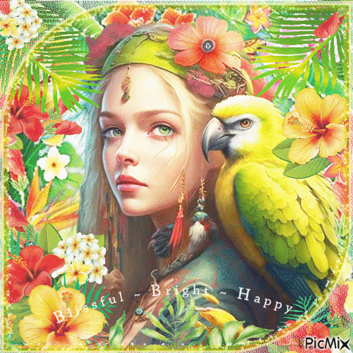 Summer woman parrot - GIF animé gratuit