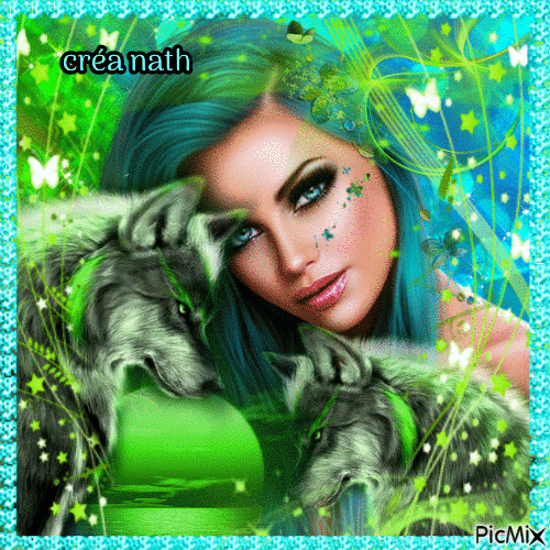 Portrait de femme et loups en vert-turquoise - Gratis geanimeerde GIF