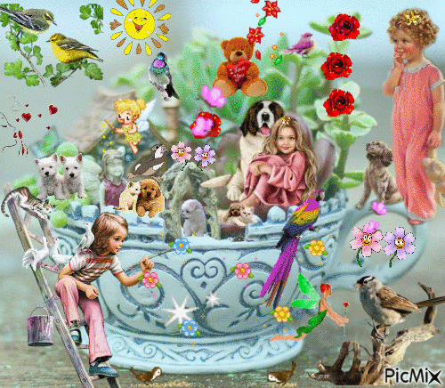 2 LITTLE GIRLS PLAYING WITH DOGS, CATS, BIRDS - GIF animasi gratis