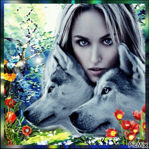 Girl and wolves - Free animated GIF