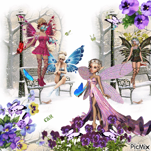Pansies, fairies, butterflies. - GIF animado gratis