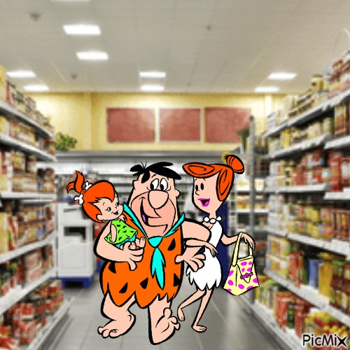 Fred, Wilma and Pebbles at the supermarket - png gratis