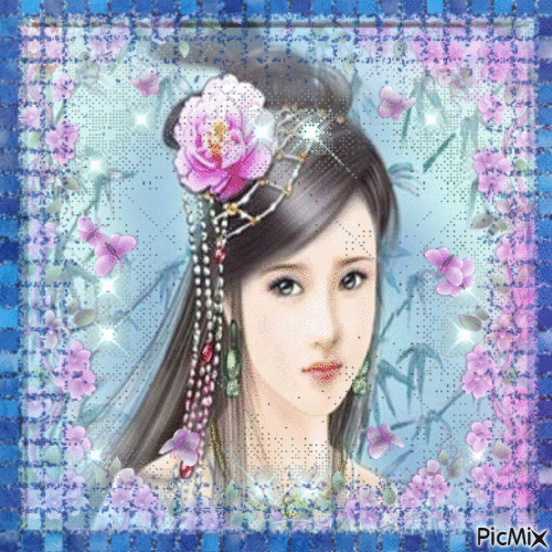 oriental woman in blue and orchid - GIF animasi gratis