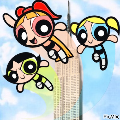 The Powerpuff Girls fly past the Empire State Building - ücretsiz png