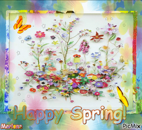Portrait Happy Spring Colors Flowers Butterflies Deco Glitter - Darmowy animowany GIF