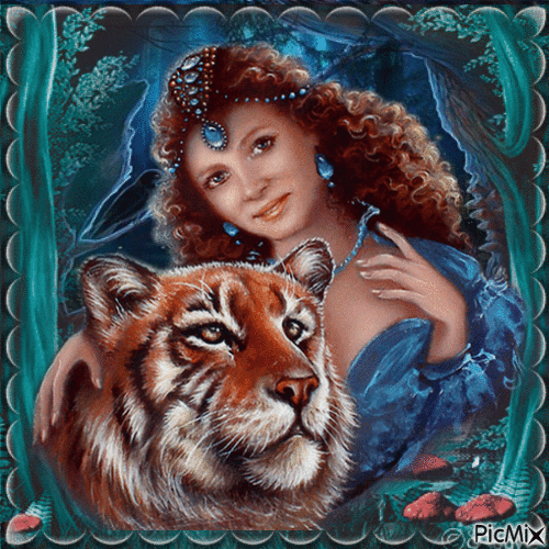 Femme avec son Tigre - Безплатен анимиран GIF