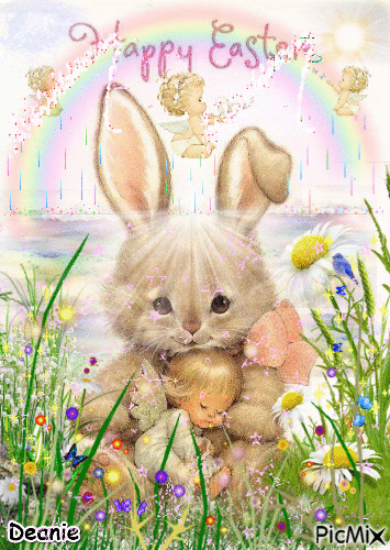 Happy Easter Rabbit & Sleeping Baby Angel - Бесплатни анимирани ГИФ