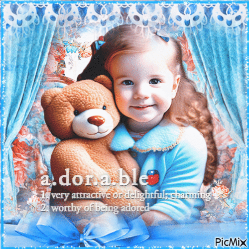 Girl toy bear children blue orange - GIF animé gratuit
