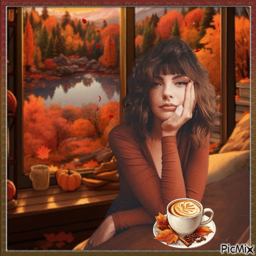 Café d'automne avec une femme. - Bezmaksas animēts GIF