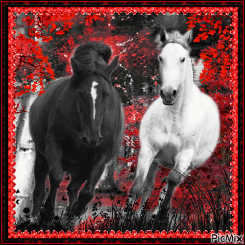 Pferde - Schwarze, weiße und rote Töne - Бесплатный анимированный гифка