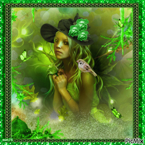 Robe, chapeau et fleurs en vert - Ilmainen animoitu GIF